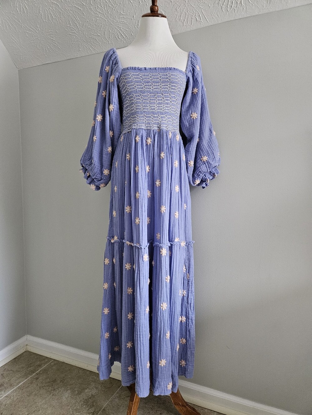 Free People | Smocked Square-Neck Lavender Maxi Dress with Puff Sleeves
